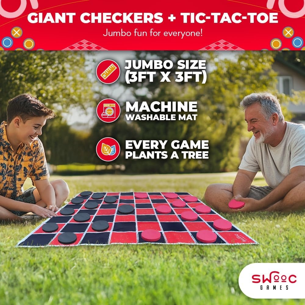 image:imageSwooc Games  2in1 Vintage Giant Checkers amp Tic Tac Toe Game WMat 3ft x 3ft  100 MachineWashable Canvas  Giant Outdoor Games for Kids  Yard Game for Kids  Jumbo Lawn Set  Large Checkers3ft x 3ft