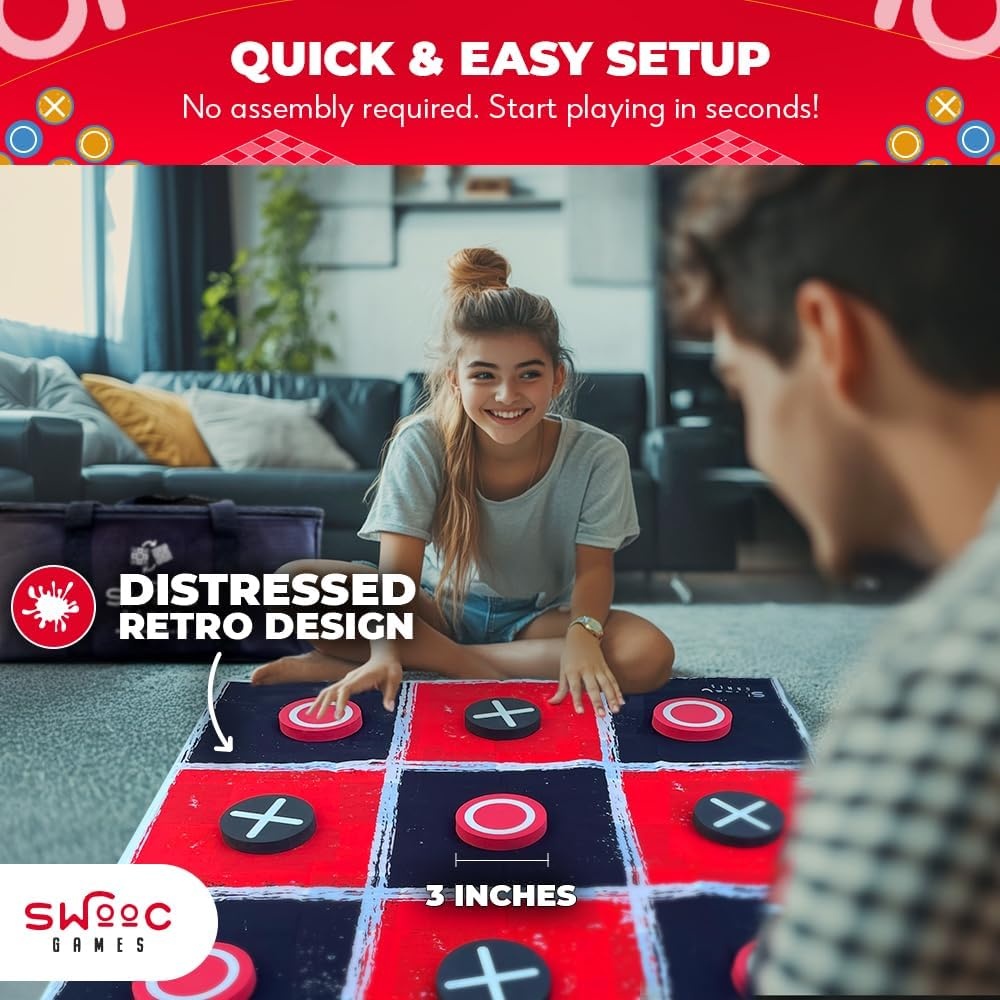 image:imageSwooc Games  2in1 Vintage Giant Checkers amp Tic Tac Toe Game WMat 3ft x 3ft  100 MachineWashable Canvas  Giant Outdoor Games for Kids  Yard Game for Kids  Jumbo Lawn Set  Large Checkers3ft x 3ft