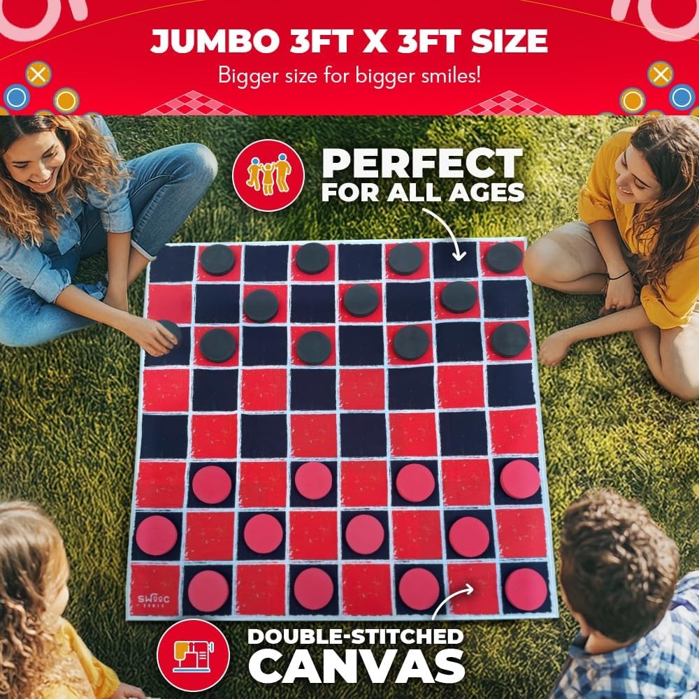 image:imageSwooc Games  2in1 Vintage Giant Checkers amp Tic Tac Toe Game WMat 3ft x 3ft  100 MachineWashable Canvas  Giant Outdoor Games for Kids  Yard Game for Kids  Jumbo Lawn Set  Large Checkers3ft x 3ft
