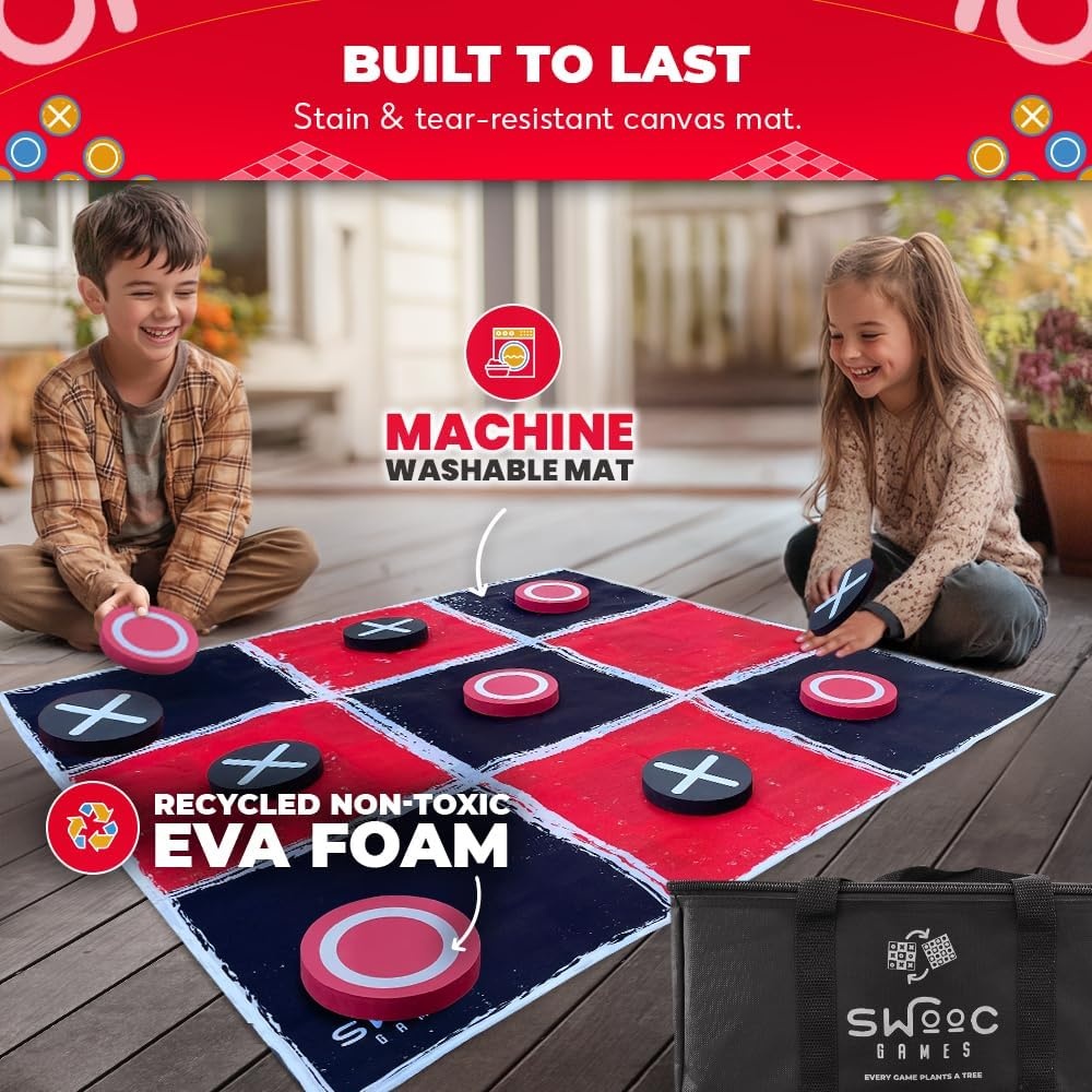 image:imageSwooc Games  2in1 Vintage Giant Checkers amp Tic Tac Toe Game WMat 3ft x 3ft  100 MachineWashable Canvas  Giant Outdoor Games for Kids  Yard Game for Kids  Jumbo Lawn Set  Large Checkers3ft x 3ft