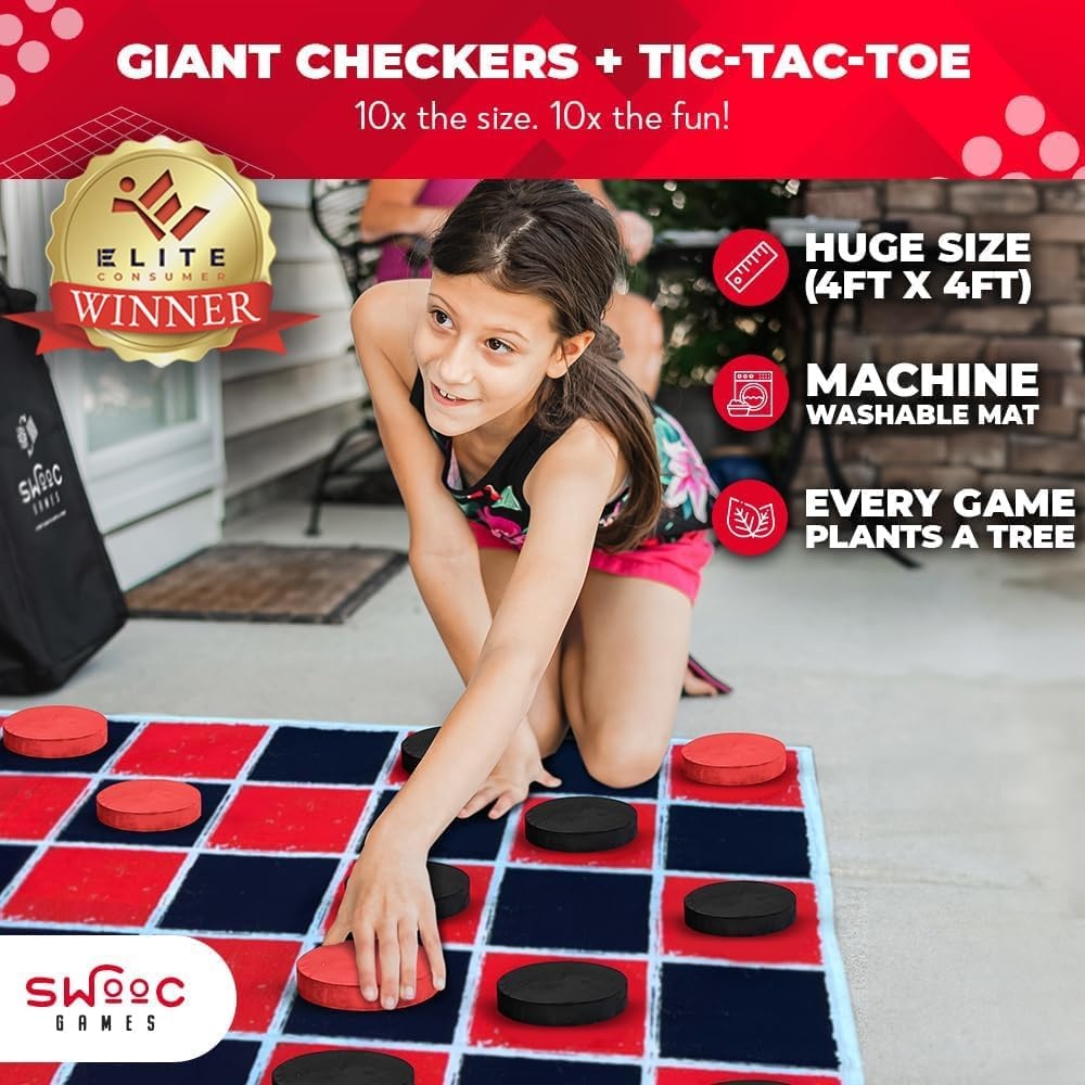 image:imageSwooc Games  2in1 Vintage Giant Checkers amp Tic Tac Toe Game WMat 3ft x 3ft  100 MachineWashable Canvas  Giant Outdoor Games for Kids  Yard Game for Kids  Jumbo Lawn Set  Large Checkers4ft x 4ft
