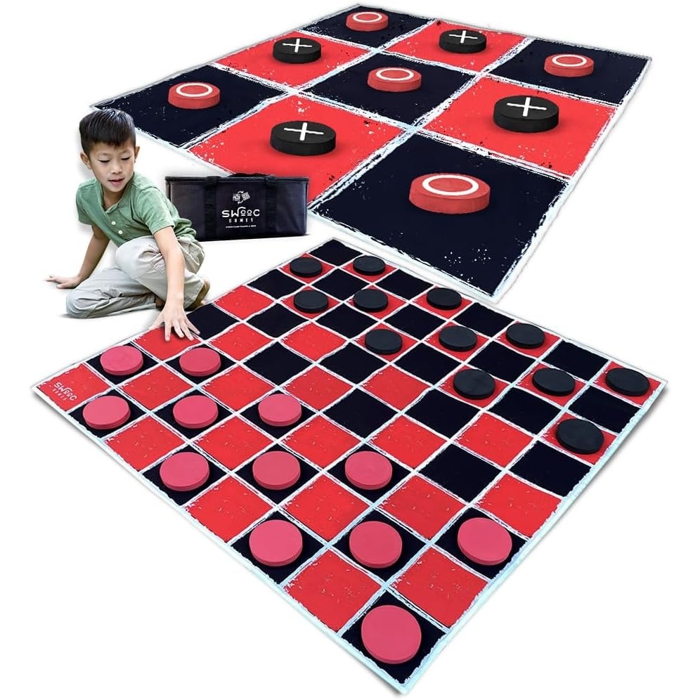 image:imageSwooc Games  2in1 Vintage Giant Checkers amp Tic Tac Toe Game WMat 3ft x 3ft  100 MachineWashable Canvas  Giant Outdoor Games for Kids  Yard Game for Kids  Jumbo Lawn Set  Large Checkers4ft x 4ft