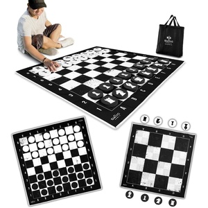 image:imageSwooc Games  3in1 Giant Chess Checkers amp Chess Tac Toe Game with Mat 4ft x 4ft  MachineWashable Canvas amp 5 Big Foam Discs  Giant Chess Set Outdoor amp Checkers Board Game for Adults amp Kids